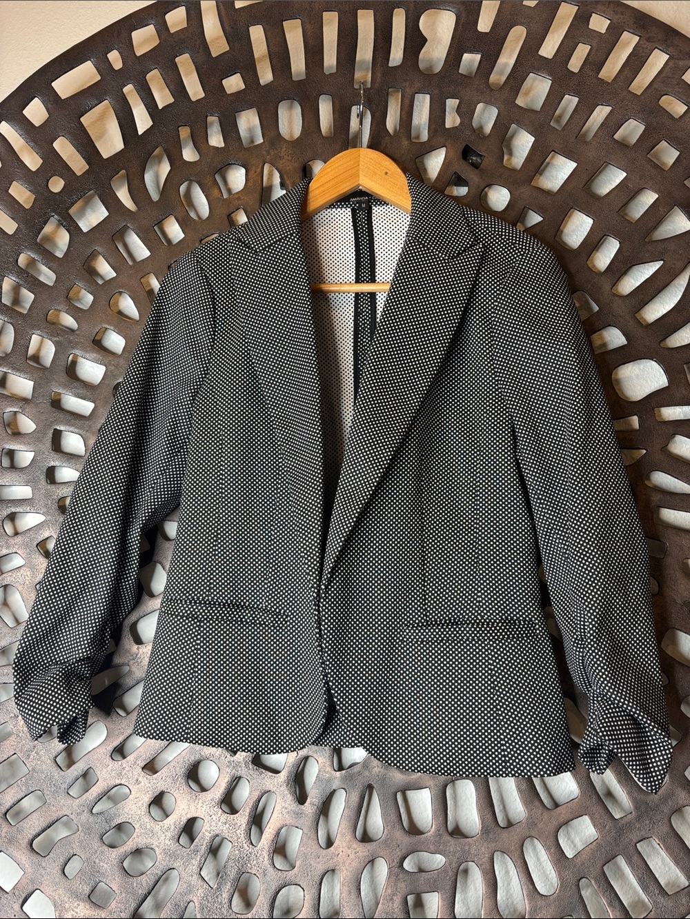 🖤 Amanda & Chelsea Black White Textured Blazer Medium Stretch Ruched Sleeve🖤